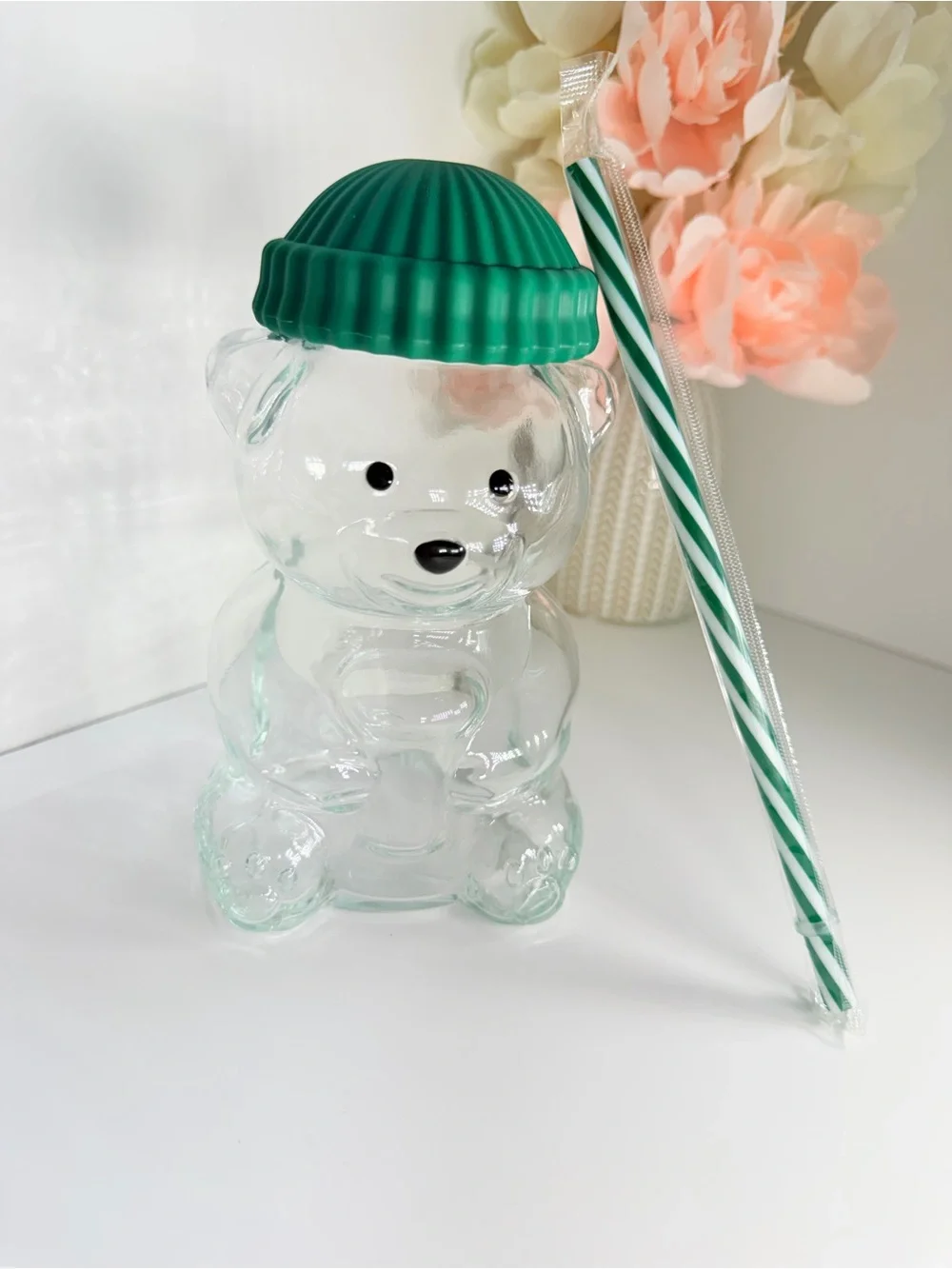 Green-Top Clear Bear Drink Cup with Straw - Party Supply